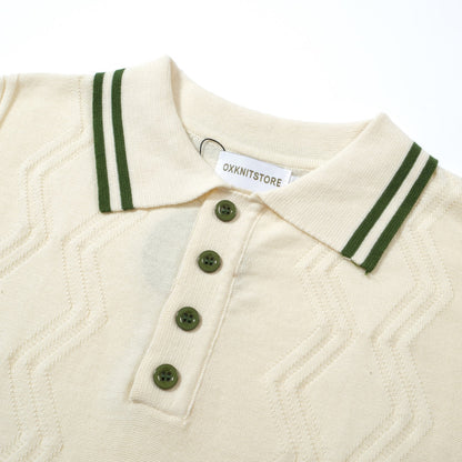 Polo en Tricot Crème pour Hommes avec Bord Vert – Style Vintage Mod des Années 1960