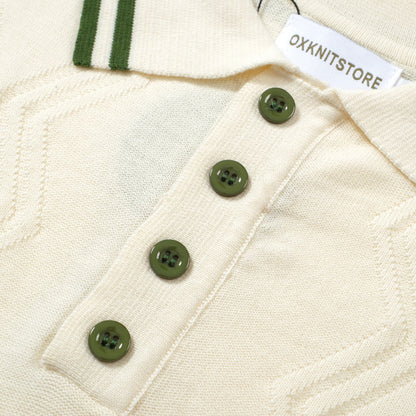 Polo en Tricot Crème pour Hommes avec Bord Vert – Style Vintage Mod des Années 1960