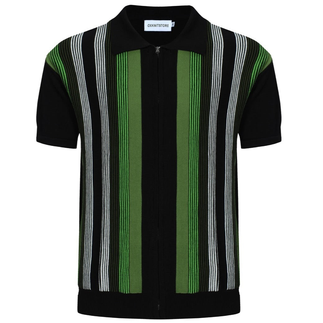 Polo Zippé Tricoté à Rayures Mod Vert Foncé pour Hommes – Chemise Casual Rétro des Années 60
