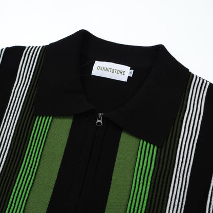 Polo Zippé Tricoté à Rayures Mod Vert Foncé pour Hommes – Chemise Casual Rétro des Années 60