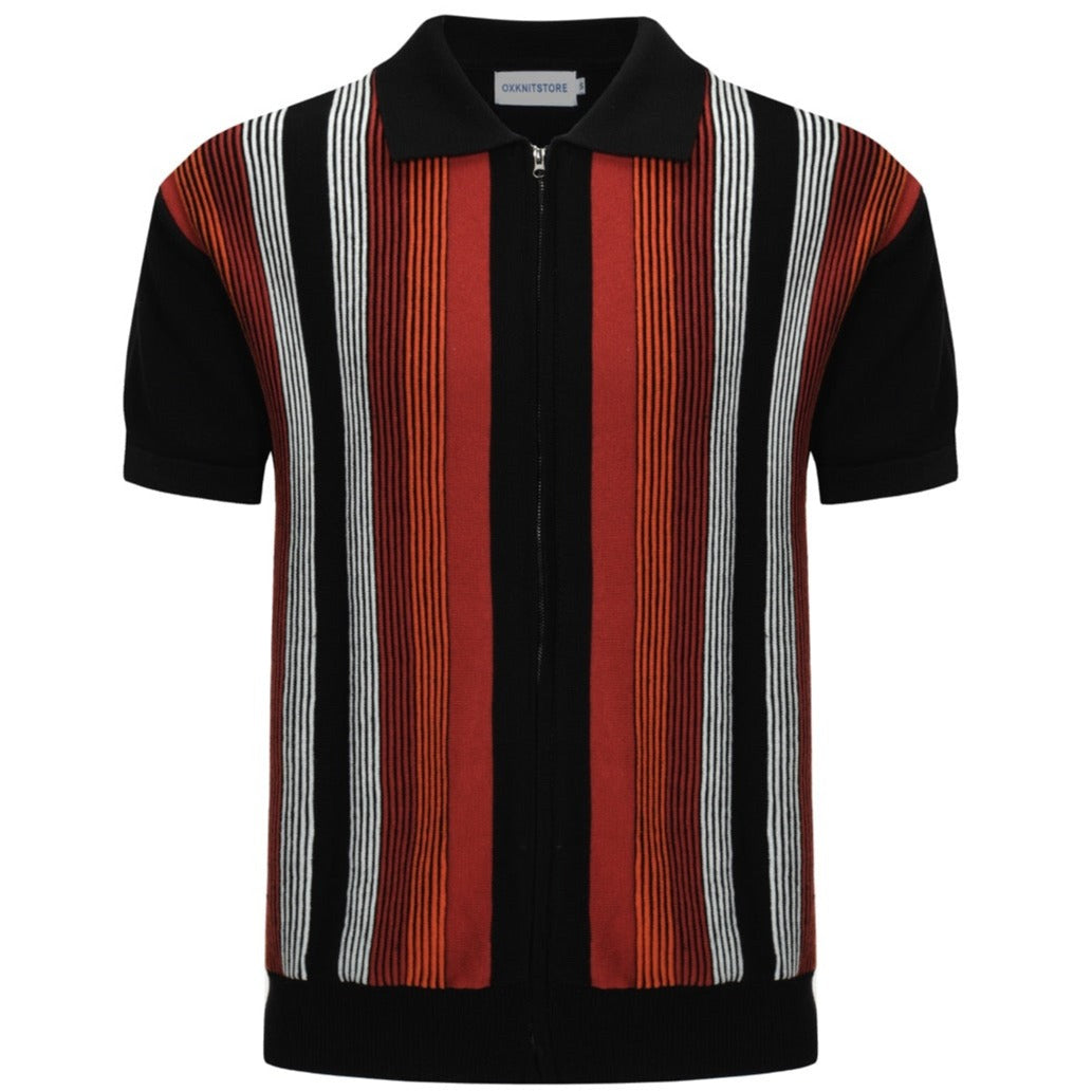 Polo zippé en tricot à rayures rétro pour hommes – Style Mod des années 60 en rouge foncé et noir