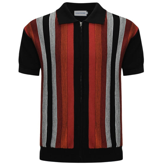 Polo zippé en tricot à rayures rétro pour hommes – Style Mod des années 60 en rouge foncé et noir
