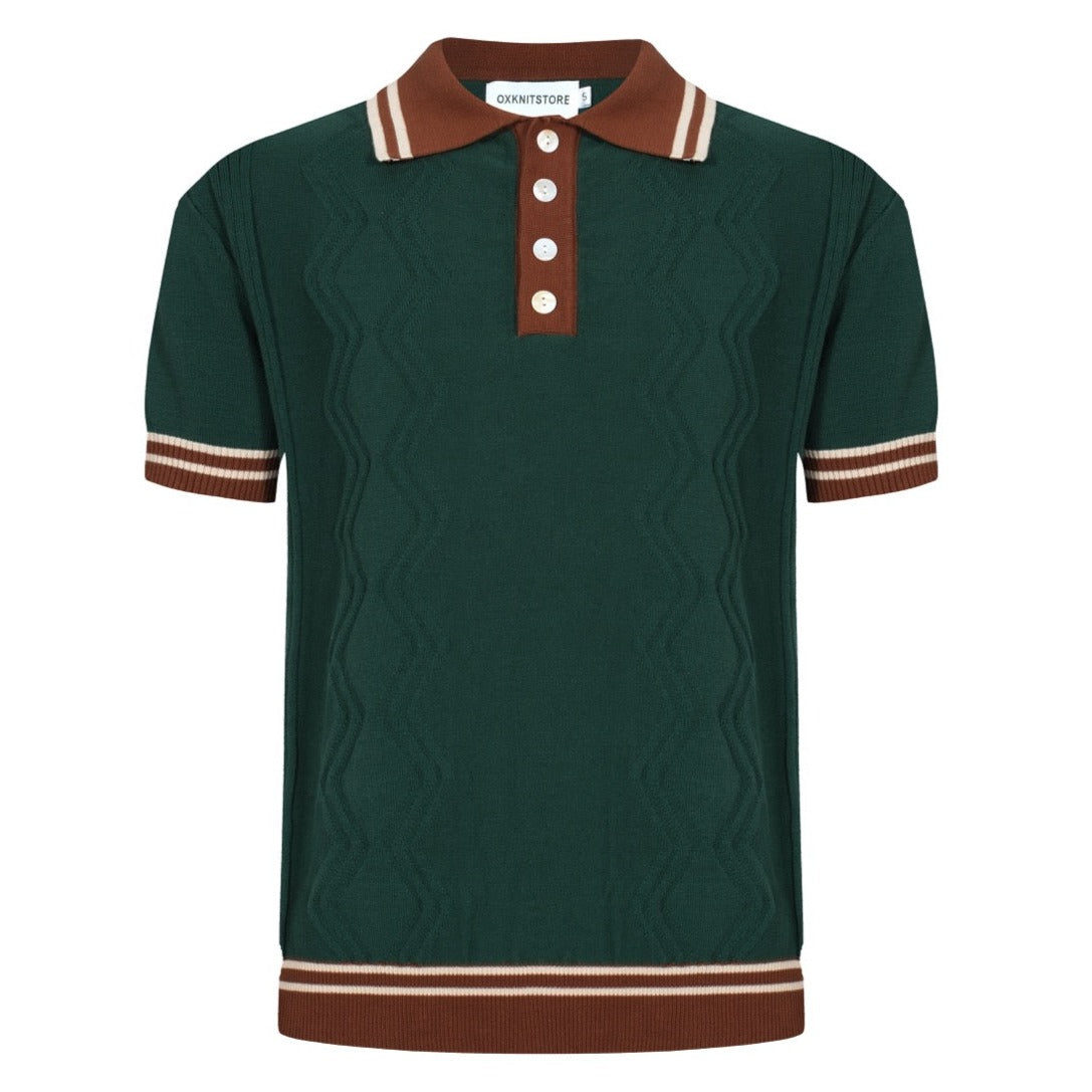 Polo Tricot Vert pour Homme des Années 60 – Col et Poignets Marron Rétro