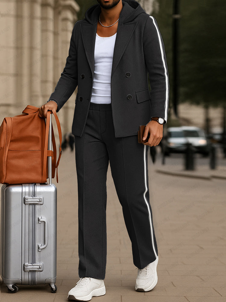 Ensemble Blazer à Capuche à Rayures Contrastées Tendance