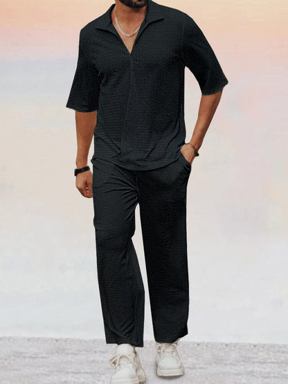 Ensemble de Chemise Texturée en Vagues d'Eau Décontracté