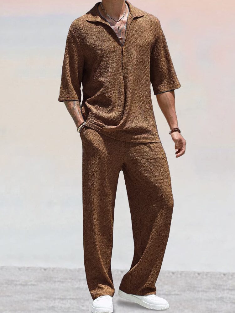 Ensemble de Chemise Texturée en Vagues d'Eau Décontracté