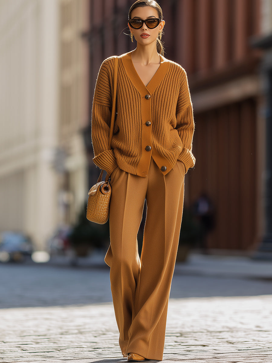 Eda - Ensemble Cardigan à Côtes Caramel et Pantalon Large