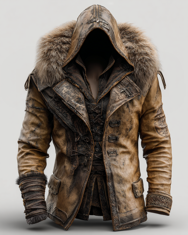 Manteau en cuir épais avec col en fourrure pour hommes - Mode Automne/Hiver