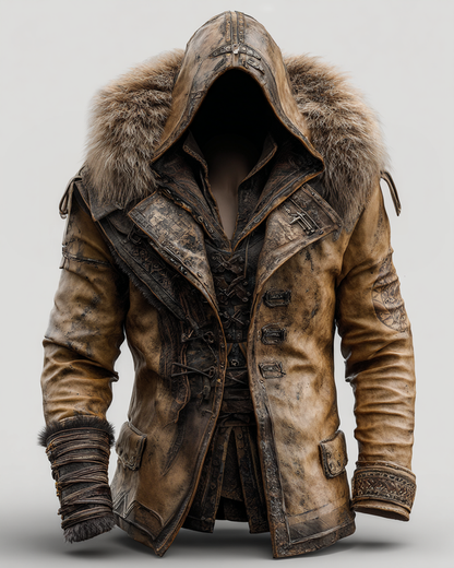 Manteau en cuir épais avec col en fourrure pour hommes - Mode Automne/Hiver