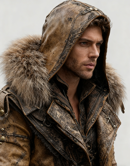 Manteau en cuir épais avec col en fourrure pour hommes - Mode Automne/Hiver