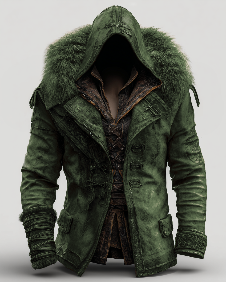 Manteau en cuir épais avec col en fourrure pour hommes - Mode Automne/Hiver