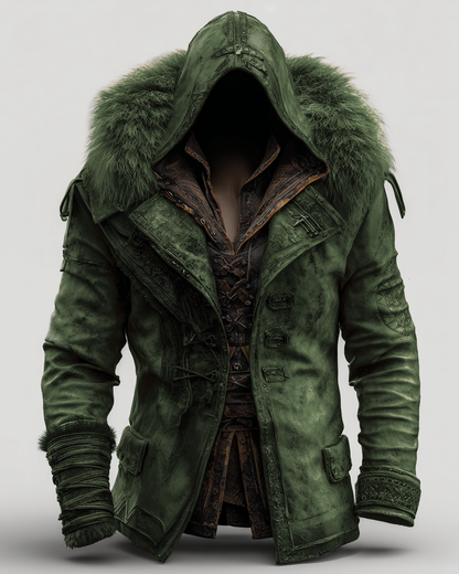 Manteau en cuir épais avec col en fourrure pour hommes - Mode Automne/Hiver