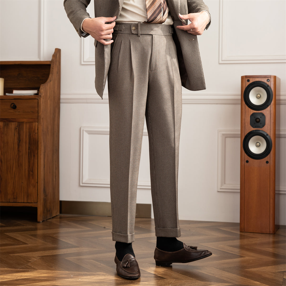 Pantalons Plissés Droits en Houndstooth Cambridge