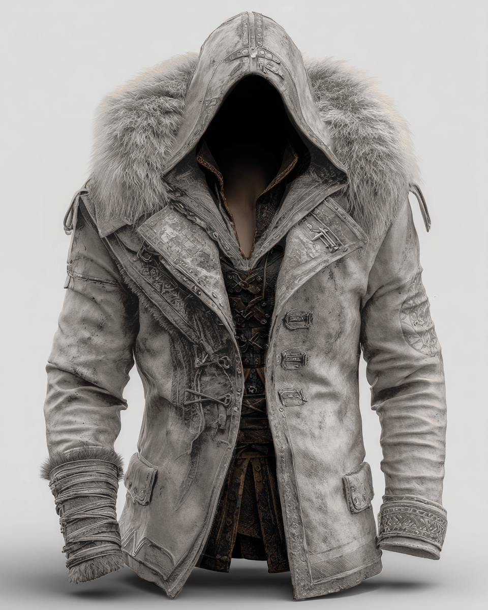 Manteau en cuir épais avec col en fourrure pour hommes - Mode Automne/Hiver