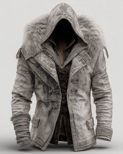 Manteau en cuir épais avec col en fourrure pour hommes - Mode Automne/Hiver