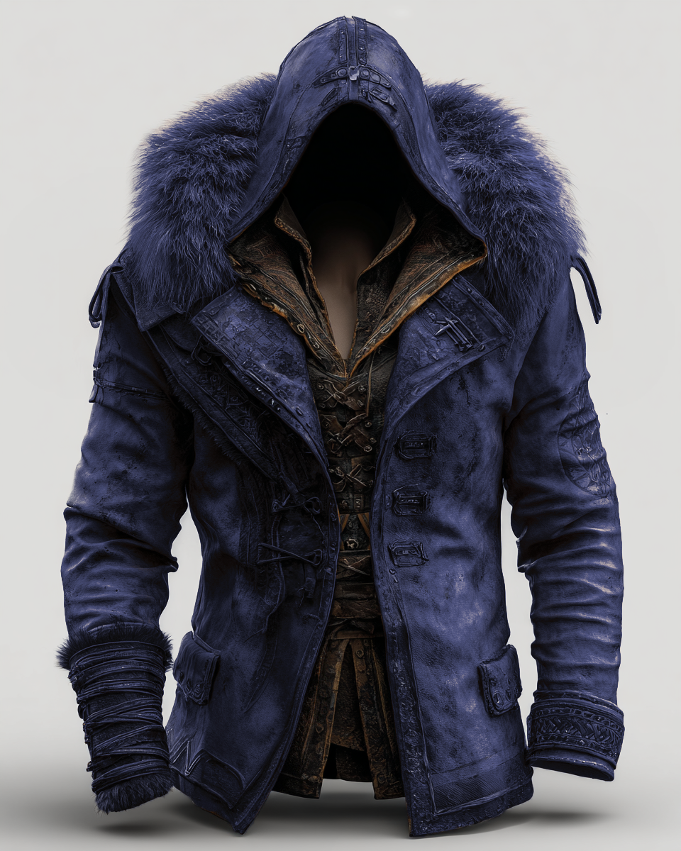 Manteau en cuir épais avec col en fourrure pour hommes - Mode Automne/Hiver