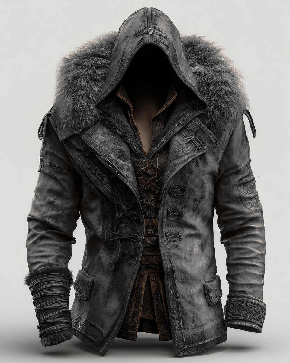 Manteau en cuir épais avec col en fourrure pour hommes - Mode Automne/Hiver