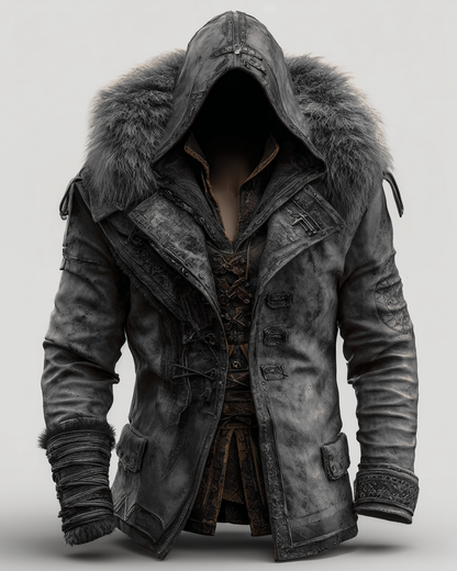 Manteau en cuir épais avec col en fourrure pour hommes - Mode Automne/Hiver