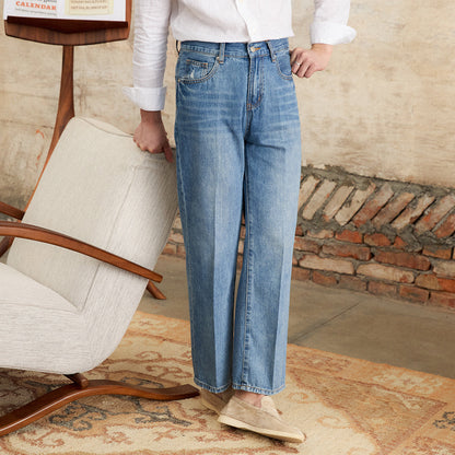 Pantalon droit plissé en denim coton Alassio