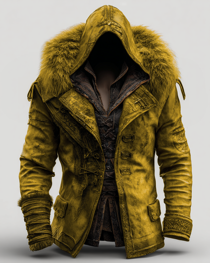 Manteau en cuir épais avec col en fourrure pour hommes - Mode Automne/Hiver