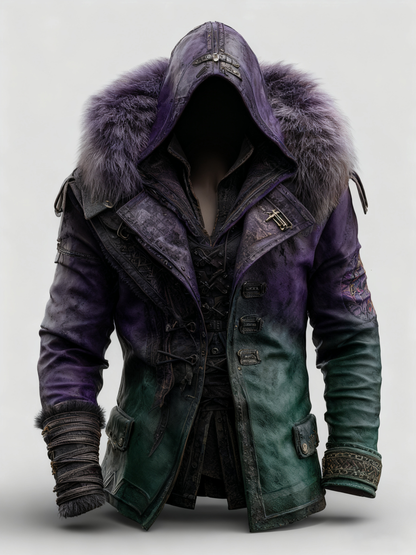 Manteau en cuir épais avec col en fourrure pour hommes - Mode Automne/Hiver