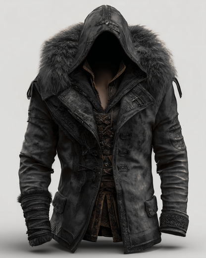 Manteau en cuir épais avec col en fourrure pour hommes - Mode Automne/Hiver