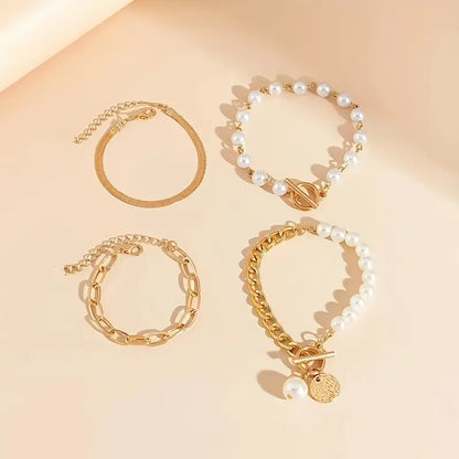 Ensemble de bracelets chic en or 4 pièces – Serpent, perles et maillons