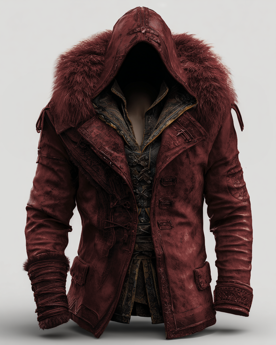 Manteau en cuir épais avec col en fourrure pour hommes - Mode Automne/Hiver