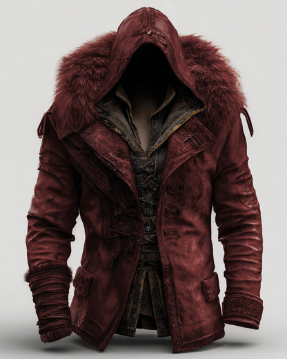 Manteau en cuir épais avec col en fourrure pour hommes - Mode Automne/Hiver