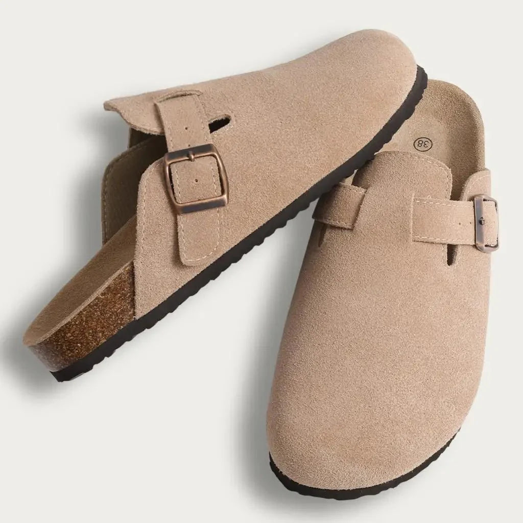 Mules homme beige cuir suédé semelle liège boucle ajustable