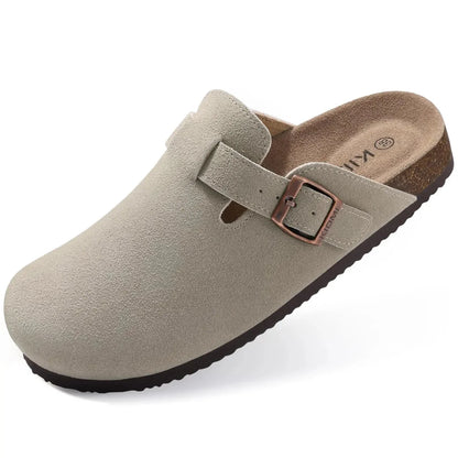 Mules homme beige cuir suédé semelle liège boucle ajustable