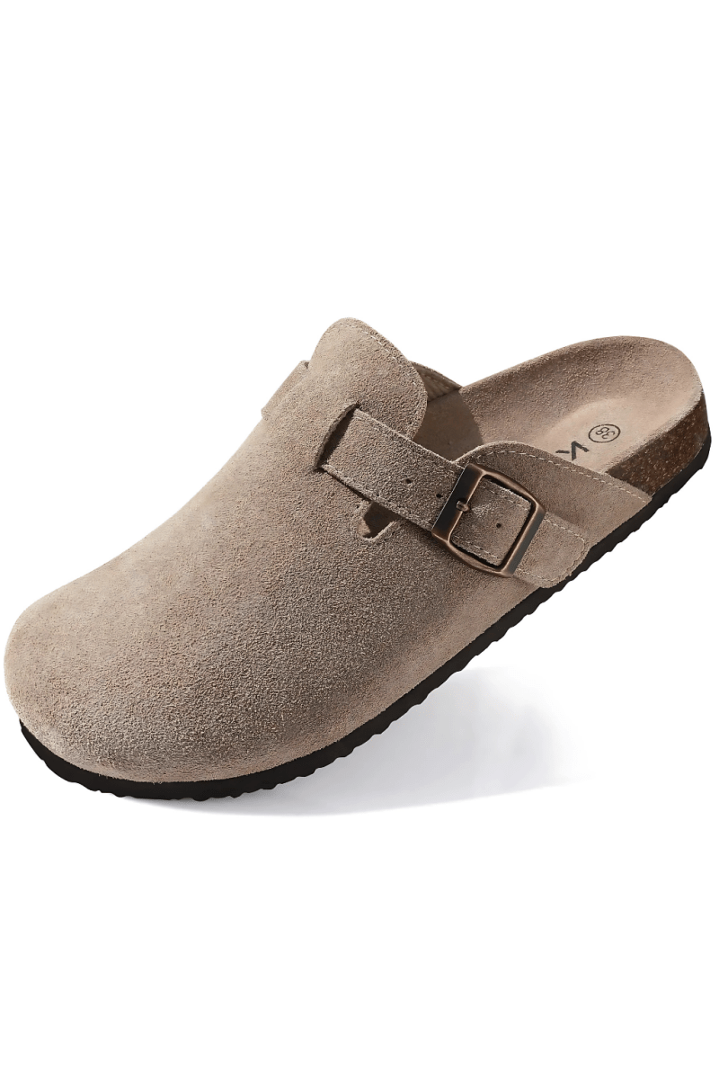 Mules homme beige cuir suédé semelle liège boucle ajustable