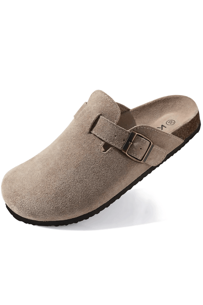 Mules homme beige cuir suédé semelle liège boucle ajustable