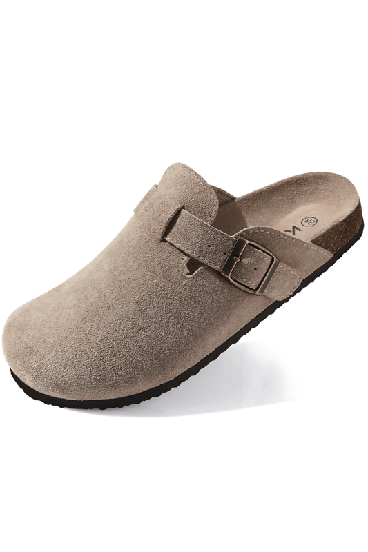 Mules homme beige cuir suédé semelle liège boucle ajustable