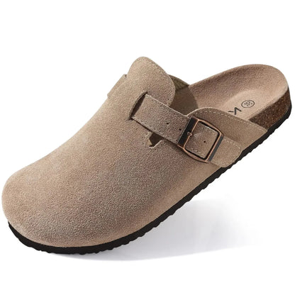 Mules homme beige cuir suédé semelle liège boucle ajustable