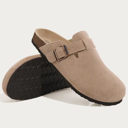 Mules homme beige cuir suédé semelle liège boucle ajustable