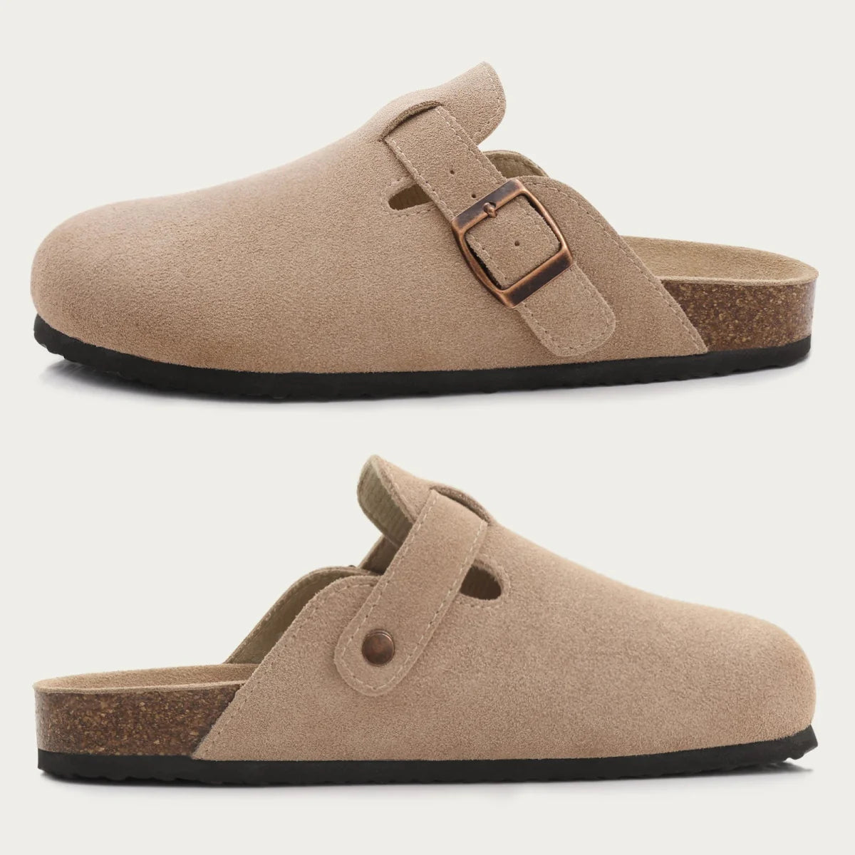 Mules homme beige cuir suédé semelle liège boucle ajustable