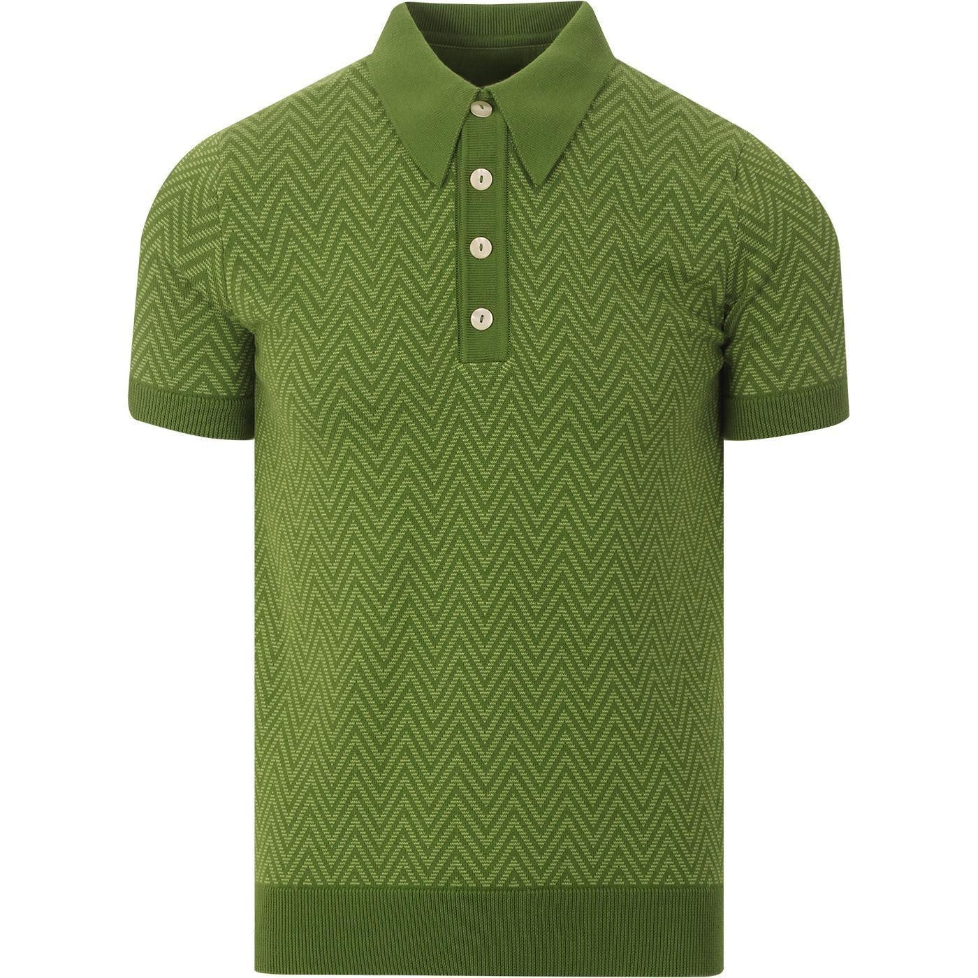 Polo en Tricot Zigzag Vert pour Homme – Motif Chevron des Années 60