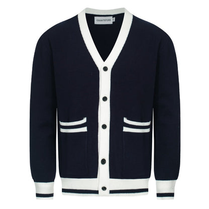 Cardigan Vintage pour Hommes – Tricot avec Détails Contrastés et Col en V Profond