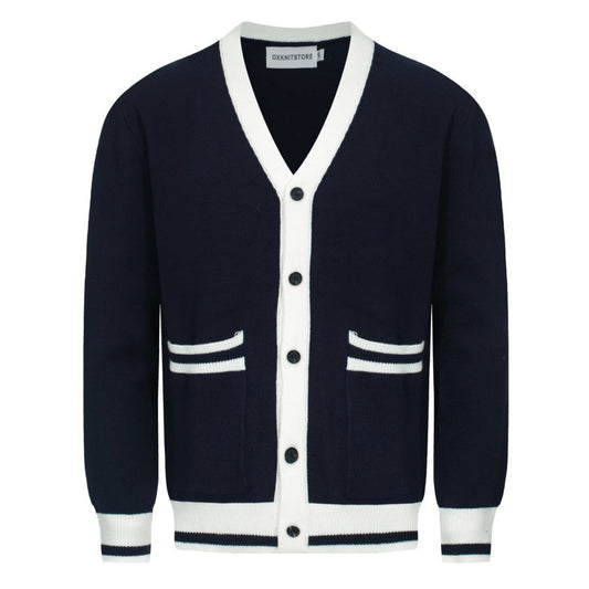 Cardigan Vintage pour Hommes – Tricot avec Détails Contrastés et Col en V Profond