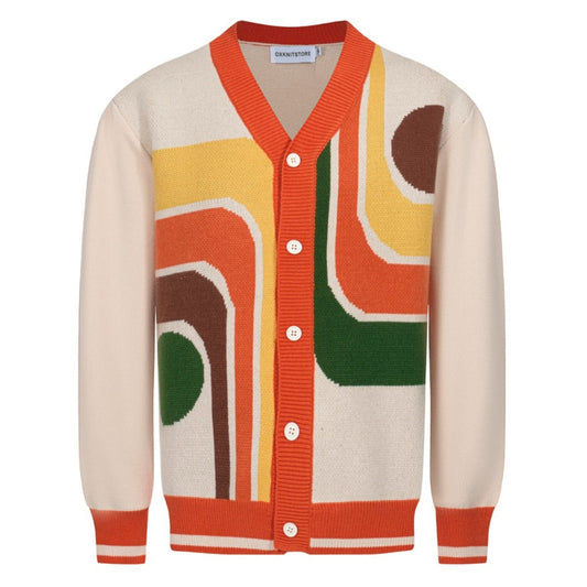 Cardigan Tricoté Rétro Années 1970 pour Hommes – Crème Vintage avec Imprimé Géométrique Multicolore