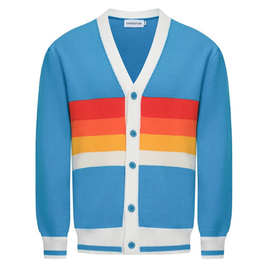 Cardigan Vintage à Rayures Arc-en-Ciel pour Hommes – Tricot Retro Col V en Bleu Ciel