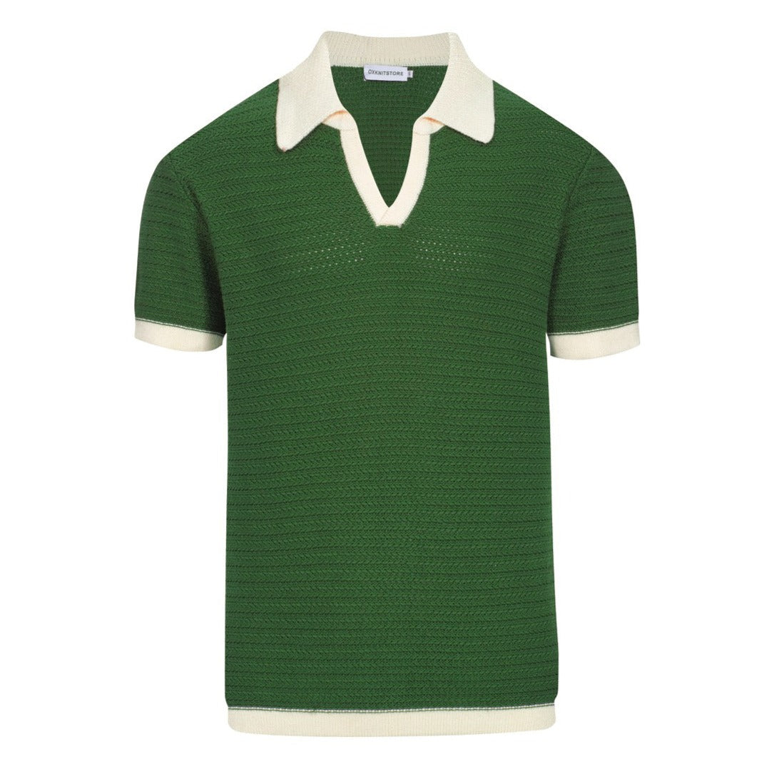 Polo à col ouvert pour hommes des années 60 – Vert avec finitions crème