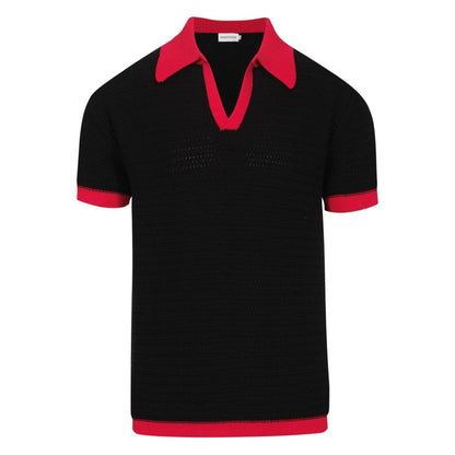 Polo Tricot Noir Rétro des Années 70 pour Hommes – Chemise Rouge à Col V
