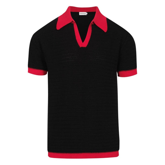Polo Tricot Noir Rétro des Années 70 pour Hommes – Chemise Rouge à Col V