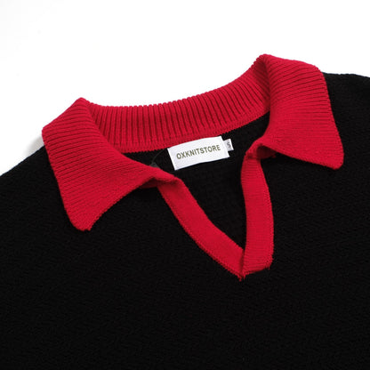 Polo Tricot Noir Rétro des Années 70 pour Hommes – Chemise Rouge à Col V