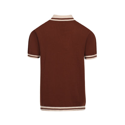 Polo Tricoté Retro Marron pour Homme des Années 70 – Col V Rayé Couleur Coucher de Soleil