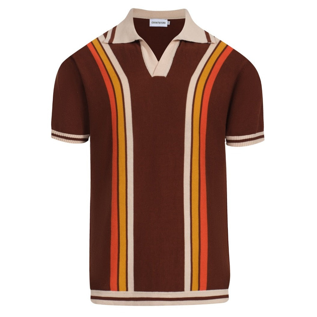 Polo Tricoté Retro Marron pour Homme des Années 70 – Col V Rayé Couleur Coucher de Soleil