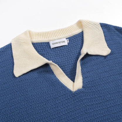 Polo en Tricot pour Hommes des Années 70 – Col Large Rétro à Manches Courtes en Bleu Marine