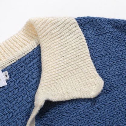 Polo en Tricot pour Hommes des Années 70 – Col Large Rétro à Manches Courtes en Bleu Marine